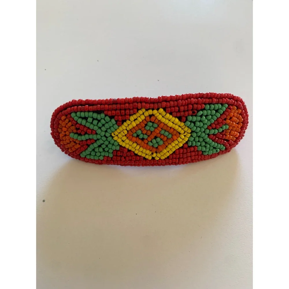 Vintage Seed Bead Hair Barrette Red Green Yellow Geometric Boho French Clip